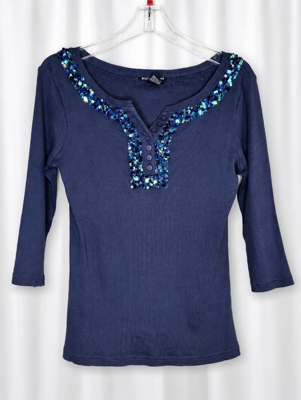 Boston Proper Y2K Blue Sequin Embellished Henley 3/4 Sleeve Ribbed Cotton Blouse